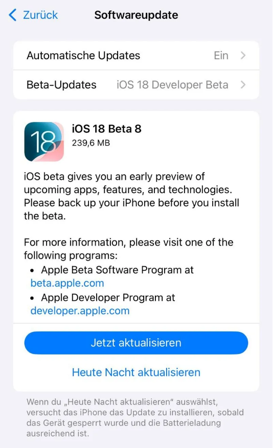 中兴镇苹果手机维修分享苹果 iOS / iPadOS 18 开发者预览版 Beta 8 发布 